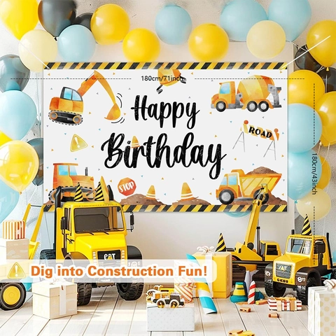 Cartoon Dinosaur Construction Vehicle Birthday Party Backdrop Banner For Kids Birthday Party Decoration Polyester Wall Hanging Poster