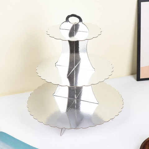 3 Tier Paper Cake Stand Scalloped Round Edge Metallic Dessert Display Tower For Wedding Birthday Party Cupcake Holder