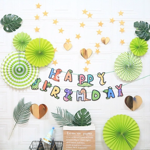 Cartoon Dinosaur Happy Birthday Paper Banner Garland White Cardboard Jungle Safari Theme Party Hanging Decoration Supplies