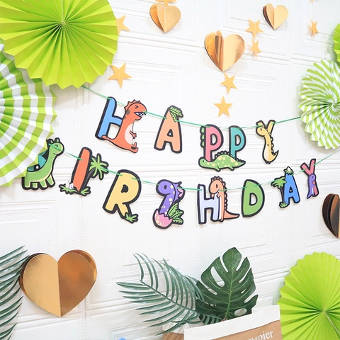 Cartoon Dinosaur Happy Birthday Paper Banner Garland White Cardboard Jungle Safari Theme Party Hanging Decoration Supplies