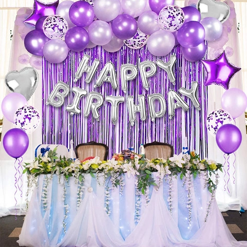 Set Decorazione Festa di Compleanno Viola Argento Banner Happy Birthday Tenda Lamé Palloncini Alluminio Lattice Coriandoli