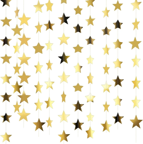 Mirror Gold Star Garland Hanging Decoration Metallic Paper Star Banner For Birthday Wedding Party Christmas Holiday Decoration