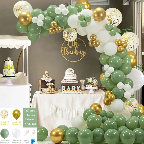 Salbeigrüner Ballonbogen Girlande Arrangement Mit Metallisch Goldenen Weißen Latexballons Für Hochzeits Geburtstag Dekoration Party