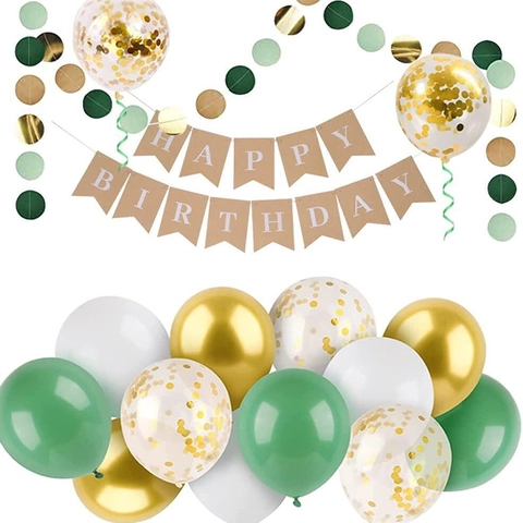 Retro Kraftpapier Happy Birthday Banner Set Mit Grün Gold Latex Ballons Glitzer Ballons Kreispapier Girlande Party Dekoration Kit