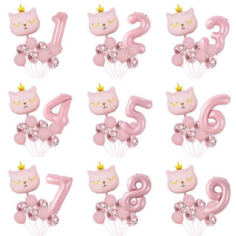 Pink Crown Cat Number Balloon Sequin Latex Aluminum Foil Balloons For Children One Year Old Birthday Party Decoration