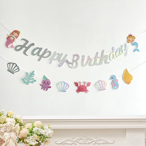 Meerjungfrau Thema Happy Birthday Banner Irisierend Meereslebewesen Muschel Koralle Papier Girlande Für Mädchen Geburtstag Party Deko
