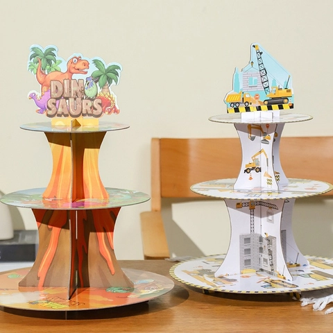 Alzata per Cupcake in Cartone con Motivo Dinosauro Escavatore Triplo Livello Supporto per Dessert per Decorazioni Feste Compleanno Bambini