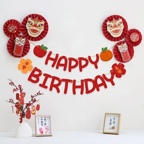 Set di Decorazioni per Feste di Compleanno in Stile Cinese Danza del Leone Ventagli di Carta Rossi Striscione Alfabeto per Bambino