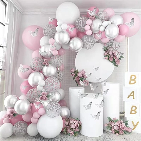 Pink Silver Balloon Garland Arch Kit Latex Balloons With Butterfly Stickers For Wedding Birthday Party Winter Decoration