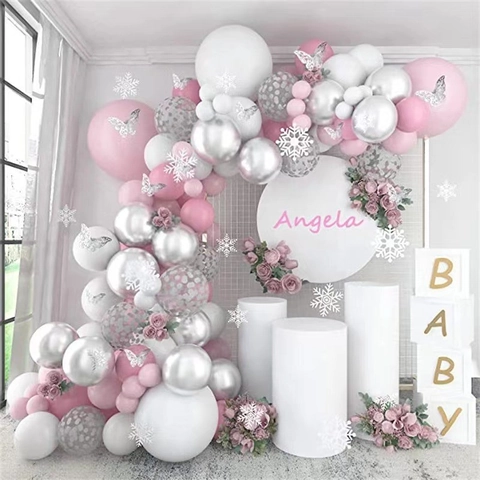 Pink Silver Balloon Garland Arch Kit Latex Balloons With Butterfly Stickers For Wedding Birthday Party Winter Decoration