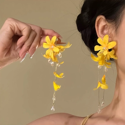 Handmade Fabric Floral Tassel Earrings With Silver Earring Post Artificial Pearl Rhinestone For Beach Holiday Vacation Women Jewelry