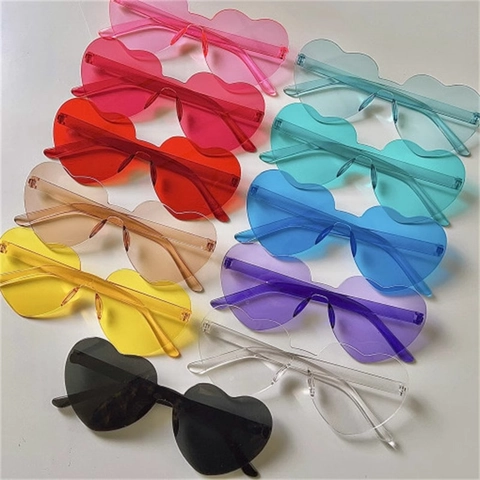 Heart Shaped Sunglasses Rimless One Piece Jelly Color PC Tinted Lens Fashion Party Eyewear For Women Men