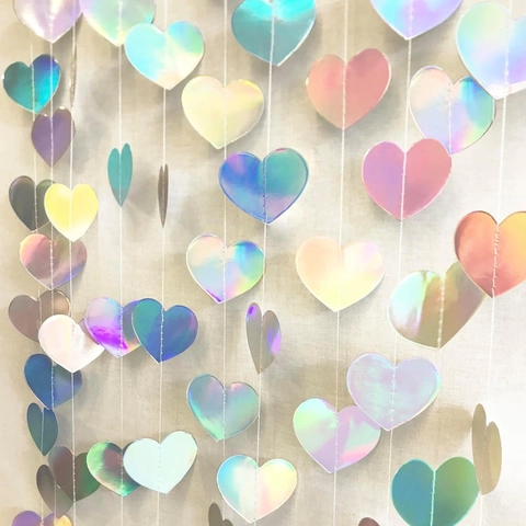 Iridescent Holographic Heart Garland Laser Paper Hanging Decoration For Valentine Day Wedding Birthday Party Backdrop Decor