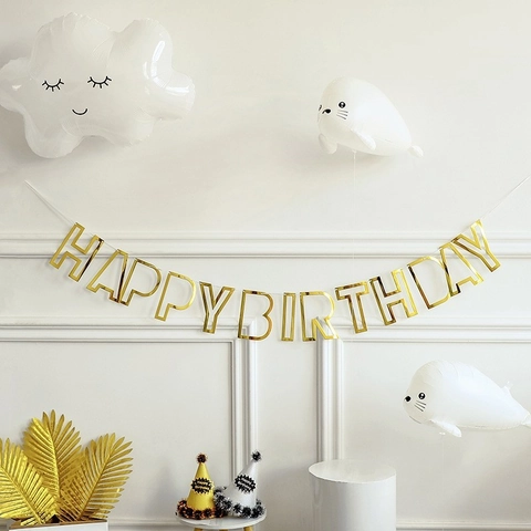 Mirror Paper Hollow Happy Birthday Letter Banner Rose Gold Metallic Garland For Kids Birthday Party Wall Decoration
