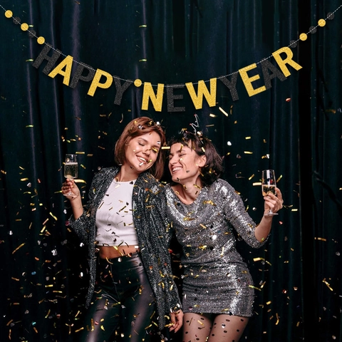 Happy New Year Banner Glitzerpapier Schwarz Gold Genähte Buchstabenfahne Girlande Für Silvester Party Dekoration
