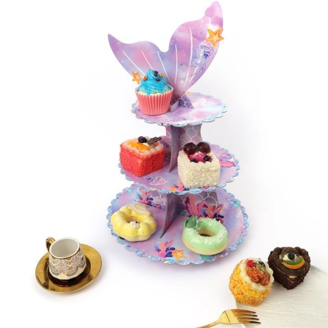 Soporte para Cupcakes de 3 Niveles Tema Sirena de Cartón Torre de Exhibición de Postres para Fiesta de Cumpleaños Océano