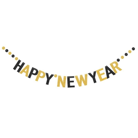 Happy New Year Banner Glitzerpapier Schwarz Gold Genähte Buchstabenfahne Girlande Für Silvester Party Dekoration