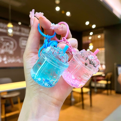 Portachiavi Tazza Iceberg Luminosa Sabbia Mobile Con Fiori Secchi Pendente Creativo Tazza di Tè al Latte per Borse
