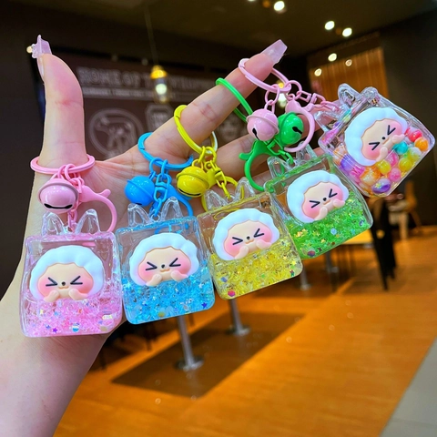 Portachiavi con Sabbie Mobili Liquide a Forma di Pecora dei Cartoni Animati Ciondolo per Borsa in Bottiglia di Acrilico Portachiavi Creativo con Campanellino