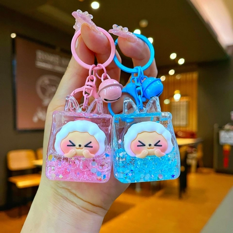 Portachiavi con Sabbie Mobili Liquide a Forma di Pecora dei Cartoni Animati Ciondolo per Borsa in Bottiglia di Acrilico Portachiavi Creativo con Campanellino