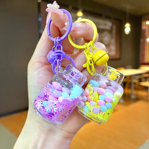 Porte-clés Créatif en Forme de Réservoir de Gaz Sable Mouvant Liquide Perles Macaron Colorées Paillettes Flocon de Neige Acrylique