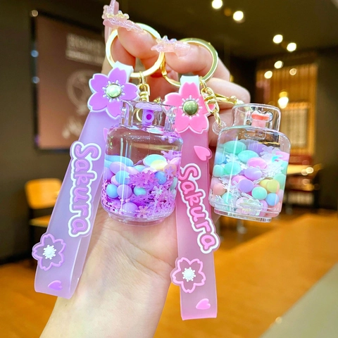 Cute Liquid Quicksand Keychain Sakura Snowflake Gas Tank Shape Acrylic Bag Pendant Charm Creative Gift For Women Girls