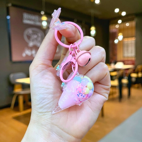 Portachiavi a Forma di Cono Gelato Carino Cartone Animato Sabbie Mobili Liquido Ciondolo Mini Borsa Fascino Con Campanello Donna Bambini Regalo