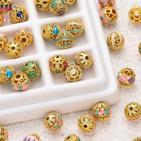 Vintage Hollow Cloisonne Enamel Copper Beads DIY Jewelry Making Charms Floral Cloud Pattern Round Spacers For Bracelet Necklace