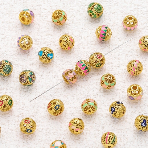 Vintage Hollow Cloisonne Enamel Copper Beads DIY Jewelry Making Charms Floral Cloud Pattern Round Spacers For Bracelet Necklace