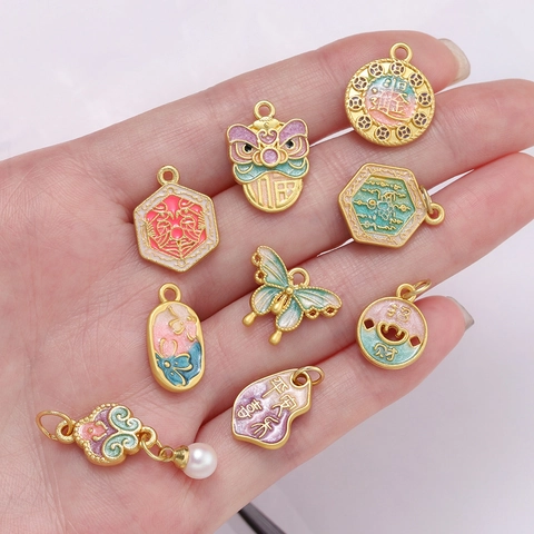 Chinese Style Alloy Enamel Pendant Ancient Gold DIY Jewelry Charms Butterfly Gourd Fortune Bag For Necklace Bracelet Making