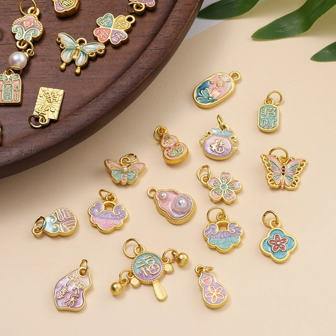 Chinese Style Alloy Enamel Pendant Ancient Gold DIY Jewelry Charms Butterfly Gourd Fortune Bag For Necklace Bracelet Making