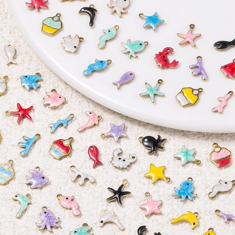 Stainless Steel Enamel Ocean Starfish Seahorse Dolphin Crab Coral Cupcake Charms For DIY Jewelry Making Women Accessories