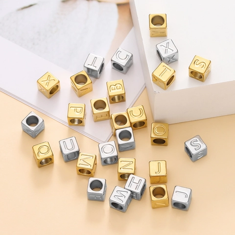 Stainless Steel Alphabet Cube Beads 7mm Letters Gold Silver Plated Square Spacer Beads For DIY Jewelry Making Bracelet Necklace