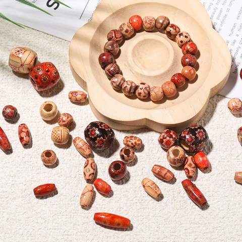 Vintage Ethnic Painted Maple Wood Loose Beads Large Hole Patterned Barrel Round Spacer Beads For DIY Jewelry Making Crafts