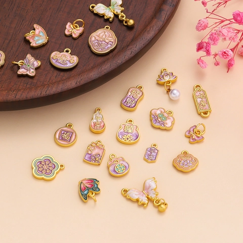Alloy Enamel Butterfly Lotus Flower Fortune Lock Pendants With Artificial Pearl For DIY Jewelry Making Bracelet Necklace Accessories