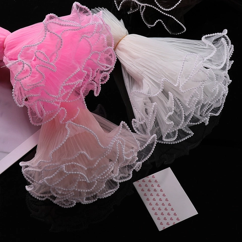 Wavy Pleated Gauze Ribbon With Artificial Pearl Gold Edge For Flower Bouquet Gift Wrapping DIY Sewing Craft Decorative Trim