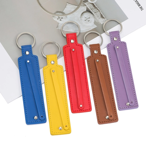 Simple PU Leather Keychain For Men Women Alloy Metal Key Ring Long Strap Solid Color Stitching Rivet Bag Charm Pendant