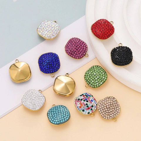 Square Stainless Steel Pave Rhinestone Pendant Multicolor Sugar Cube Charms For DIY Necklace Handmade Jewelry Accessories