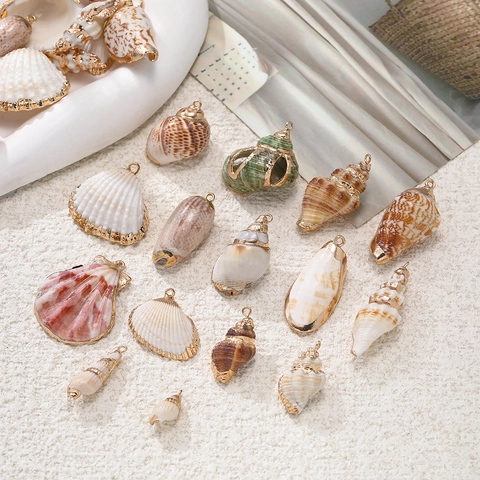 Natural Sea Snail Shell Pendants Gold Plated Edge Marine Charms For DIY Necklace Bracelet Earring Jewelry Making Accessories