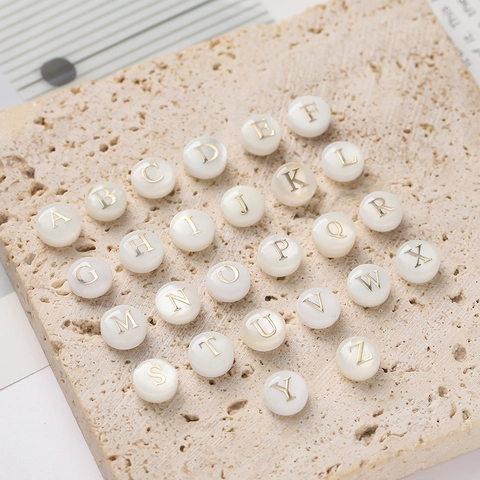 Natural Mother Of Pearl Shell Alphabet Round Beads Gold Ting Letter Double Sided Shell Beads For DIY Jewelry Making Accessories