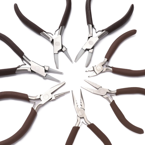 Carbon Steel DIY Jewelry Making Pliers Tool With Brown Non-slip Handle Polished Round Flat Nose Pliers For Jewelry Crafting