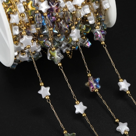 Stainless Steel Star Beaded Chain For DIY Jewelry Making Gold Silver Plated Acrylic Star Artificial Pearl Chain For Earrings Necklace Bracelet DIY Craft Supplies