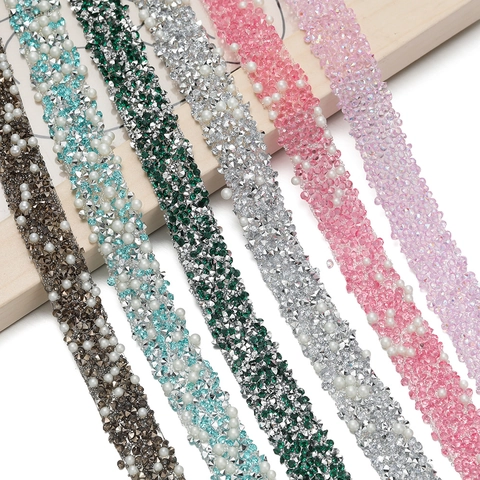 Bande Décorative Autocollante en Strass de Résine Chaîne de Paillettes Fausses Künstliche Perles DIY Accessoire pour Vêtements Chaussures Sacs