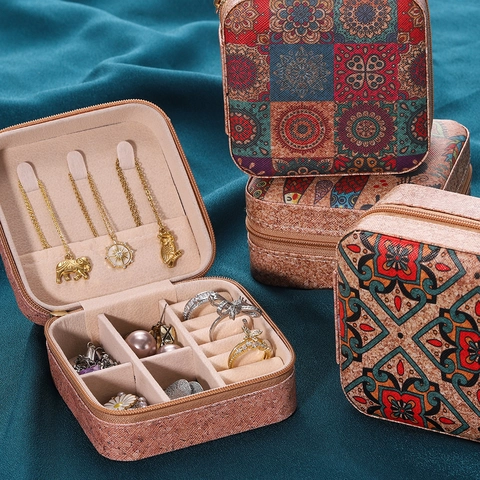 Joyero de Viaje Portátil de Cuero PU Estampado Mandala Bohemio Estuche Organizador de Joyas Con Cremallera para Anillos Pendientes Collares