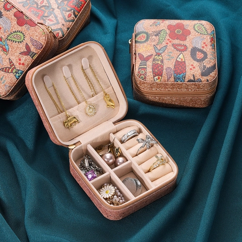Joyero de Viaje Portátil de Cuero PU Estampado Mandala Bohemio Estuche Organizador de Joyas Con Cremallera para Anillos Pendientes Collares