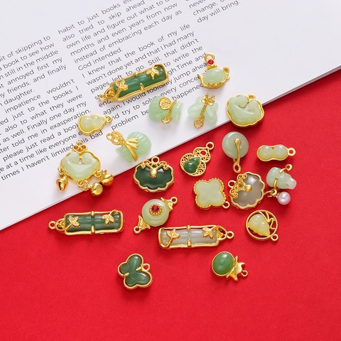 Vintage Chinese Style Glass Alloy Pendants Gold Plated Inlaid Bamboo Gourd Ruyi Lock Charms For DIY Jewelry Making Accessories