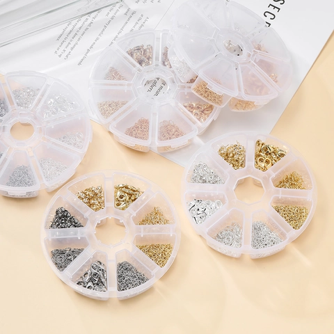 Colección de Accesorios para Fabricación de Joyería DIY de Cobre Cierres de Langosta Anillas de Salto Cadenas de Extensión Con Caja de Almacenamiento Redonda Multi-Rejilla