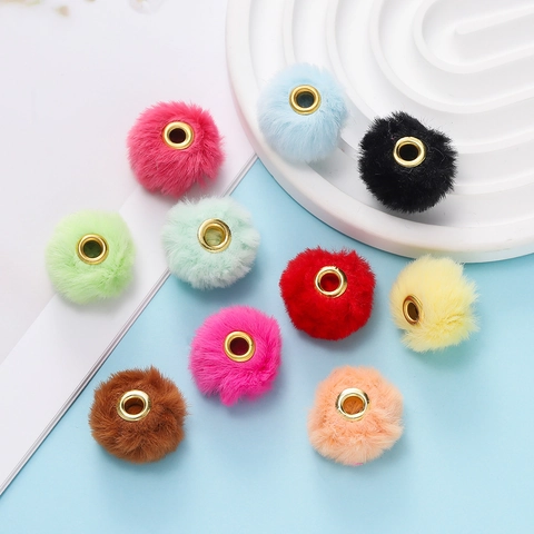 Plush Large Hole Beads Faux Fur Pompom Ball With Gold Metal Eyelet For DIY Jewelry Making Bracelet Earring Accessories
