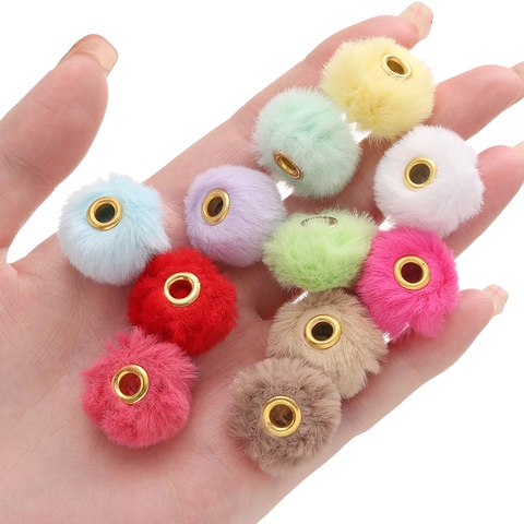 Plush Large Hole Beads Faux Fur Pompom Ball With Gold Metal Eyelet For DIY Jewelry Making Bracelet Earring Accessories