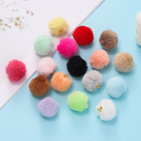 Faux Fur Pom Pom Charms Colorful Plush Ball Pendant With Gold Alloy Ring For DIY Earrings Keychain Jewelry Making